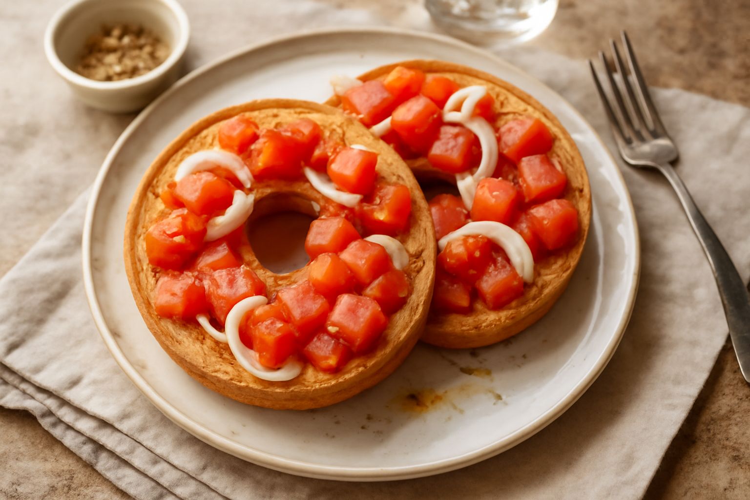 Tre friselle dorate e croccanti appoggiate su un piatto bianco, tagliate a metà, riempite visibilmente di pomodoro rosso fresco e cipolla bianca, con un filo d'olio lucido in superficie e una manciata