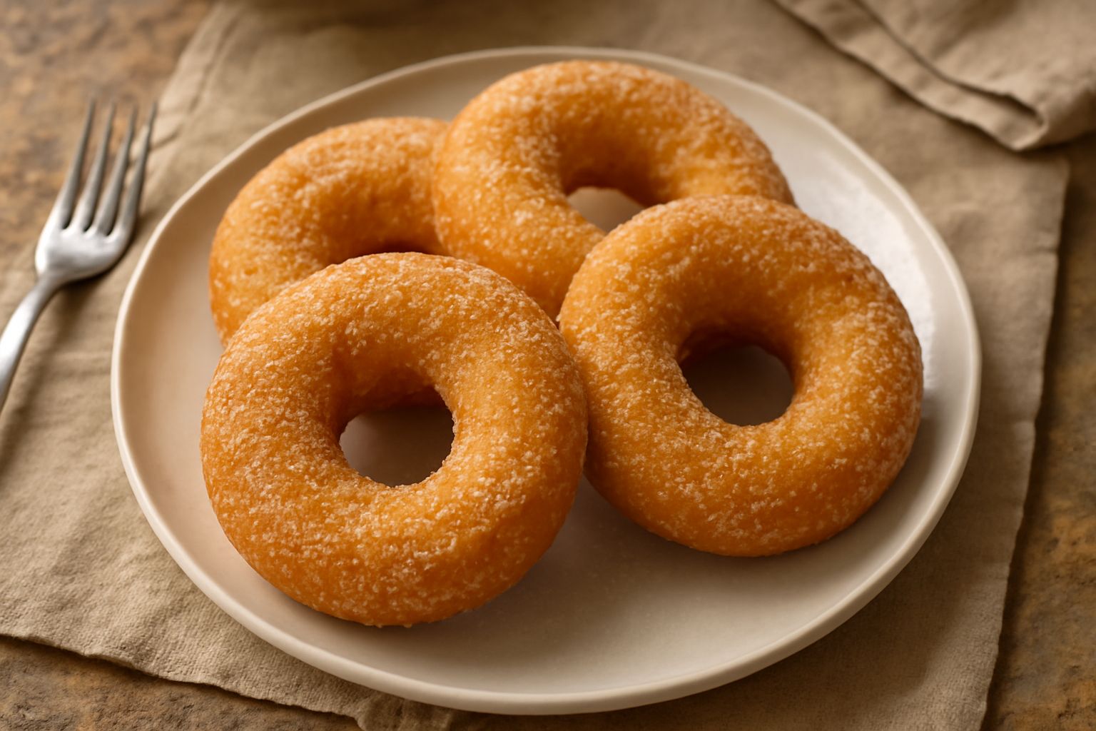 Friselle dorate e croccanti disposte su un piatto bianco, cosparse di zucchero granulato, con un colore marrone chiaro uniforme e forma di ciambella regolare