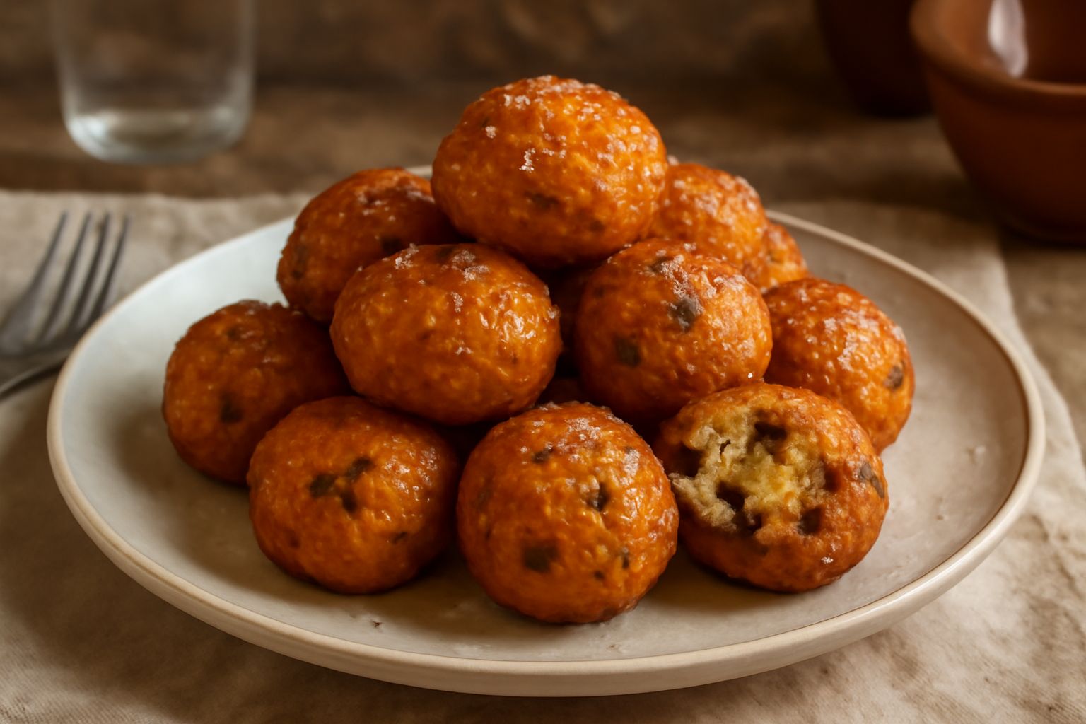 Friselle di melanzane dorate e croccanti impilate su un piatto bianco, condite con sale grosso e accompagnate da una sottile salsa di pomodoro in un piccolo ciotola. Sfondo bianco, luce naturale che e