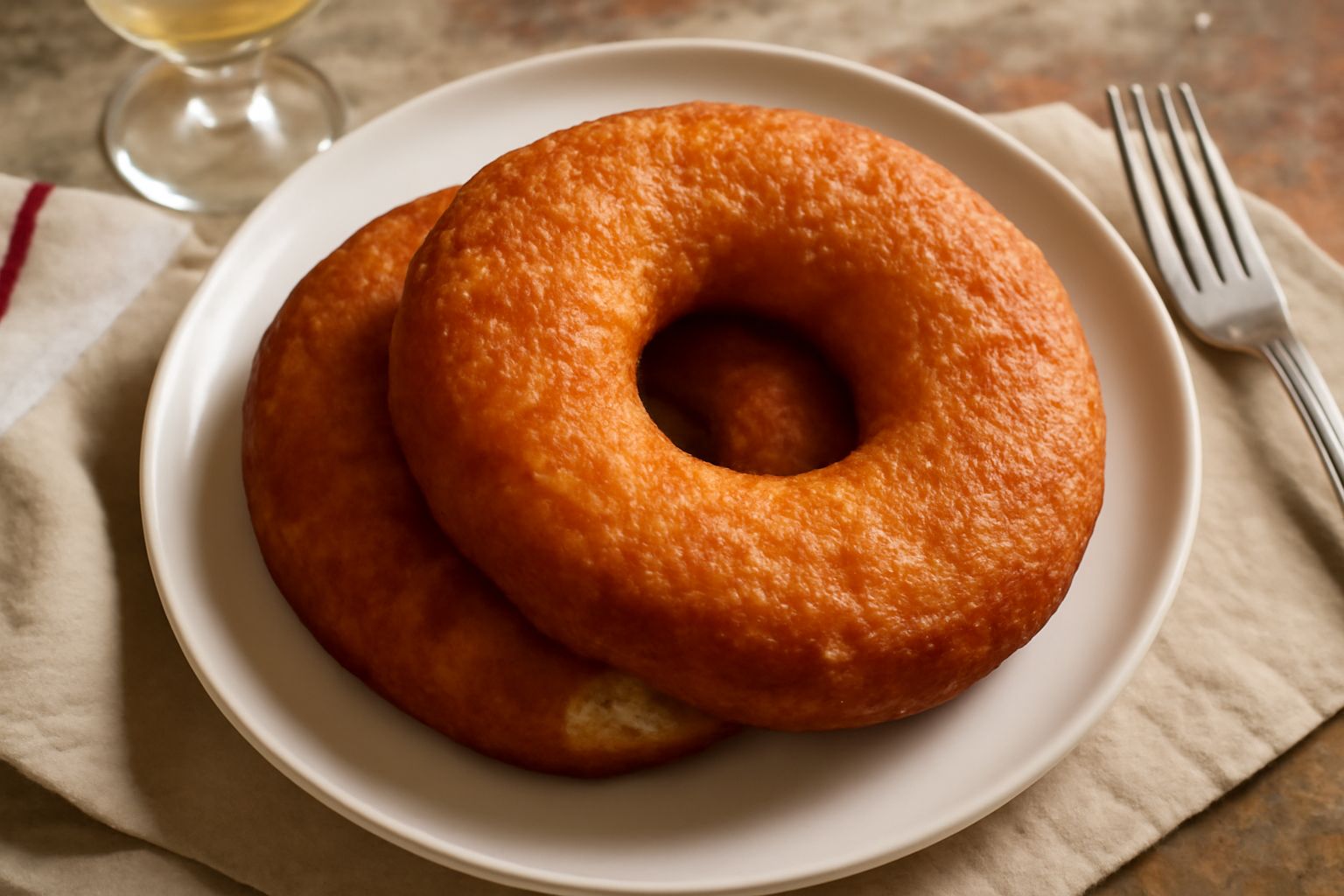 Friselle dorate e gonfie appena fritte, disposte su carta assorbente, con la superficie irregolare e croccante, alcune intere e una tagliata a metà per mostrare la mollica soffice interno