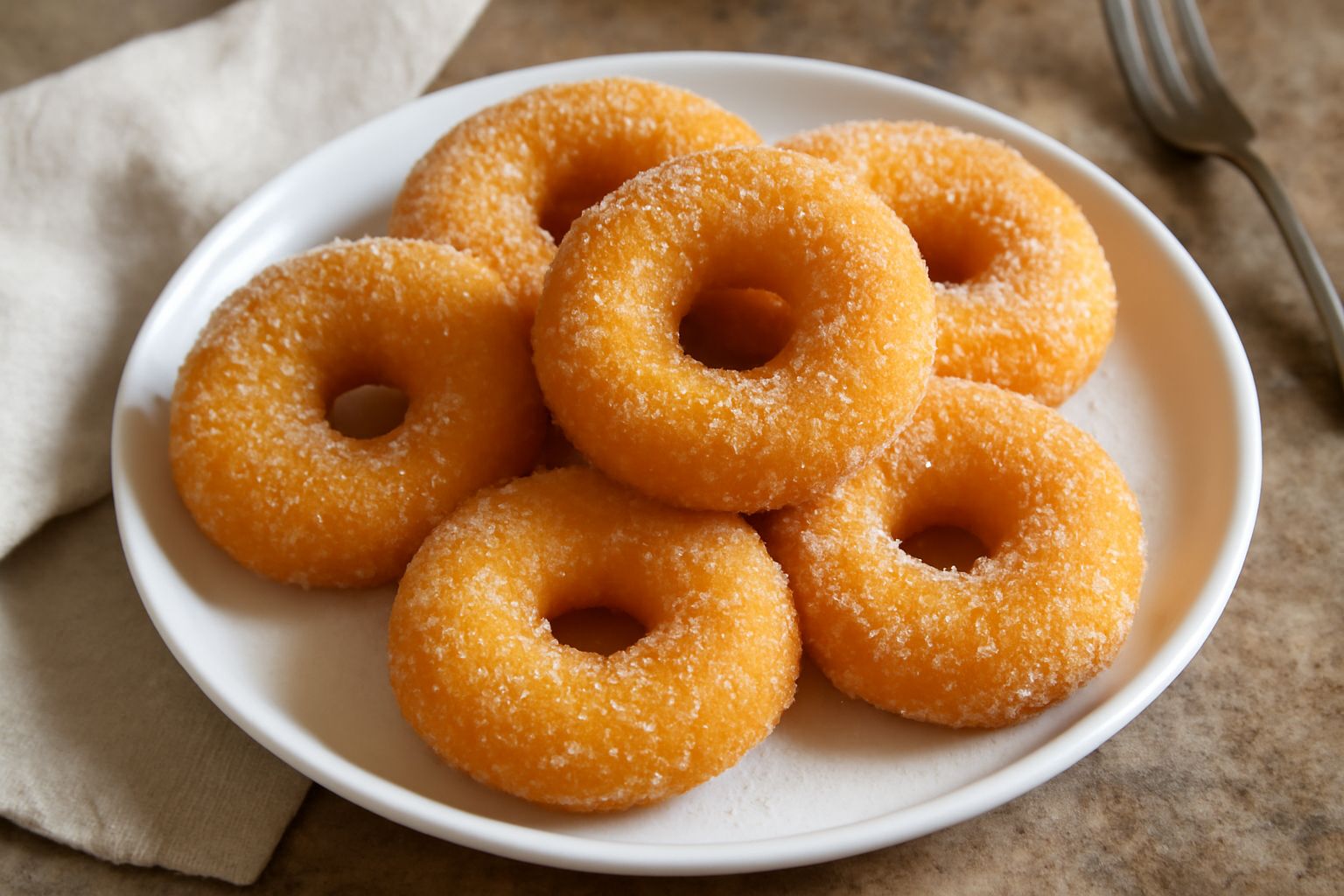 Friselle dolci dorate e croccanti coperte di zucchero semolato bianco, disposte su un piatto bianco con sfondo neutro. La loro forma è a ciambella con il buco centrale ben visibile.