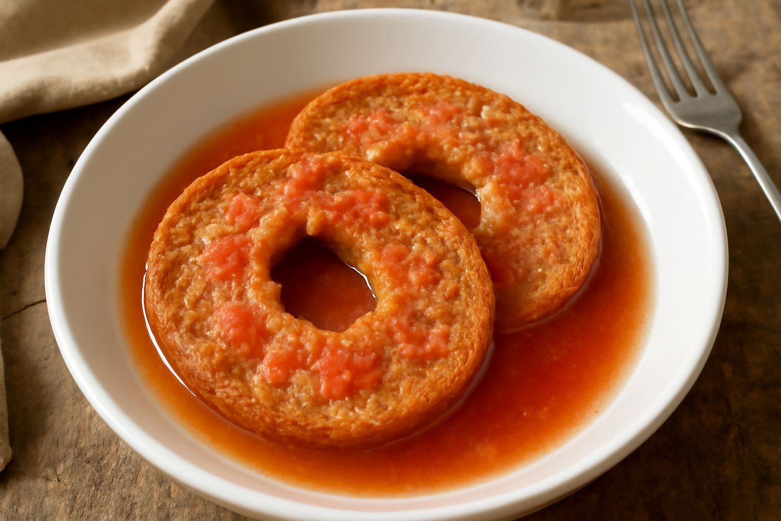 Friselle fredde su piatto bianco: pani tostati scuri e ciambelle, inzuppati di rosso del pomodoro, cosparsi di olio verde e prezzemolo tritato