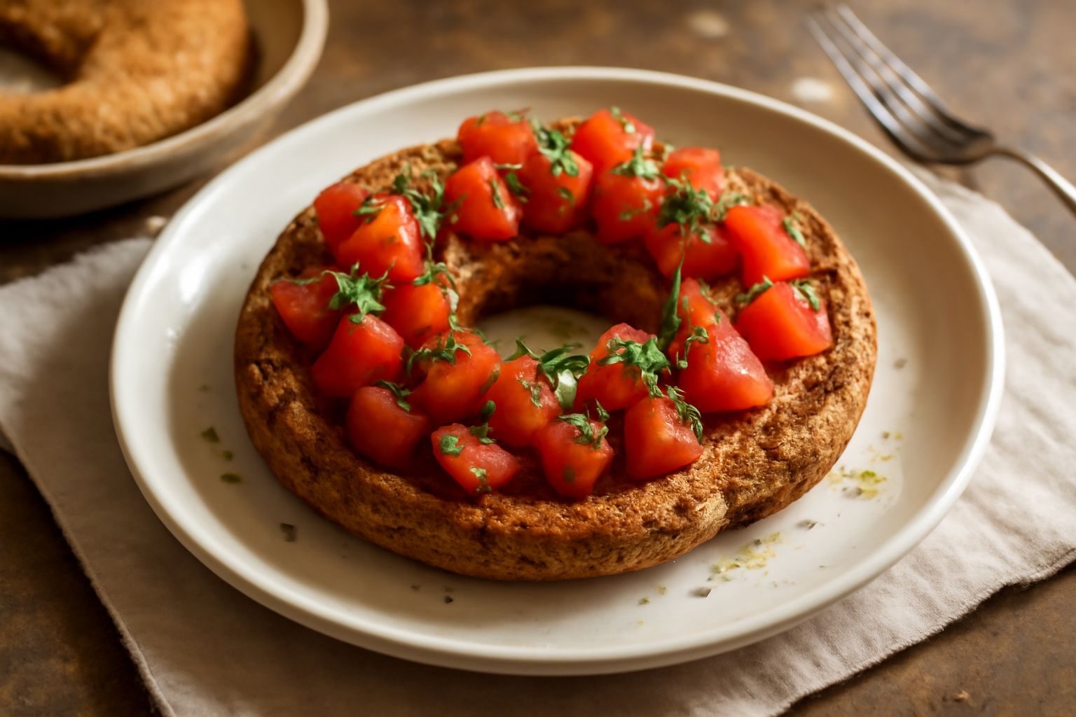 Friselle dorate e croccanti disposte su un piatto di ceramica, con la caratteristica forma a ciambella con buco centrale, texture porosa visibile, sfondo cucina rustica con tavolo in legno