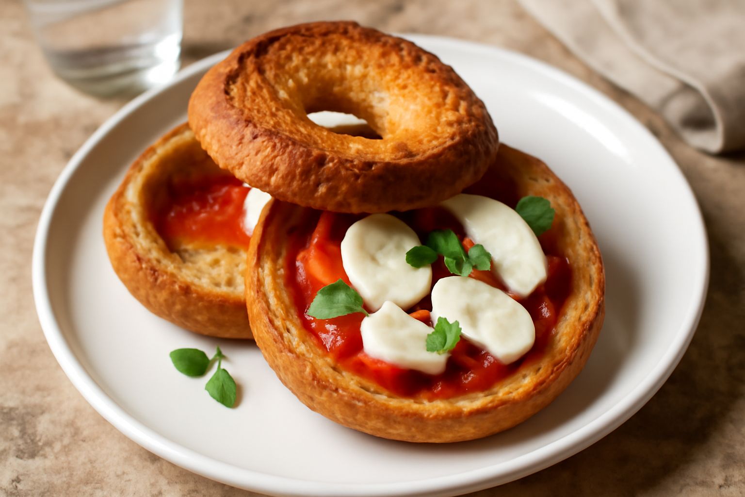 Friselle ripiene aperte, dorate e croccanti, riempite di pomodoro rosso, mozzarella bianca e origano verde, poste su un piatto in ceramica bianca
