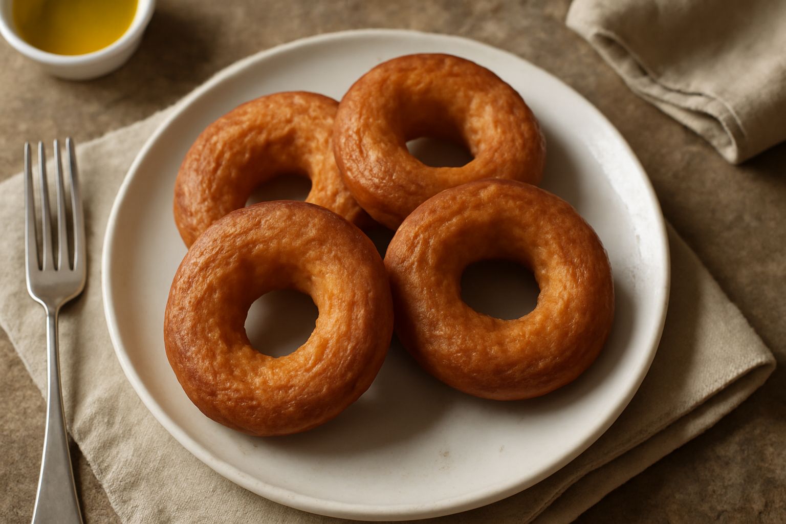 Friselle tarentine dorate e croccanti appoggiate su un piatto bianco, bucate al centro, con alcuni spicchi di cipolla rossa e pomodoro rosso accanto, tavolo di legno scuro