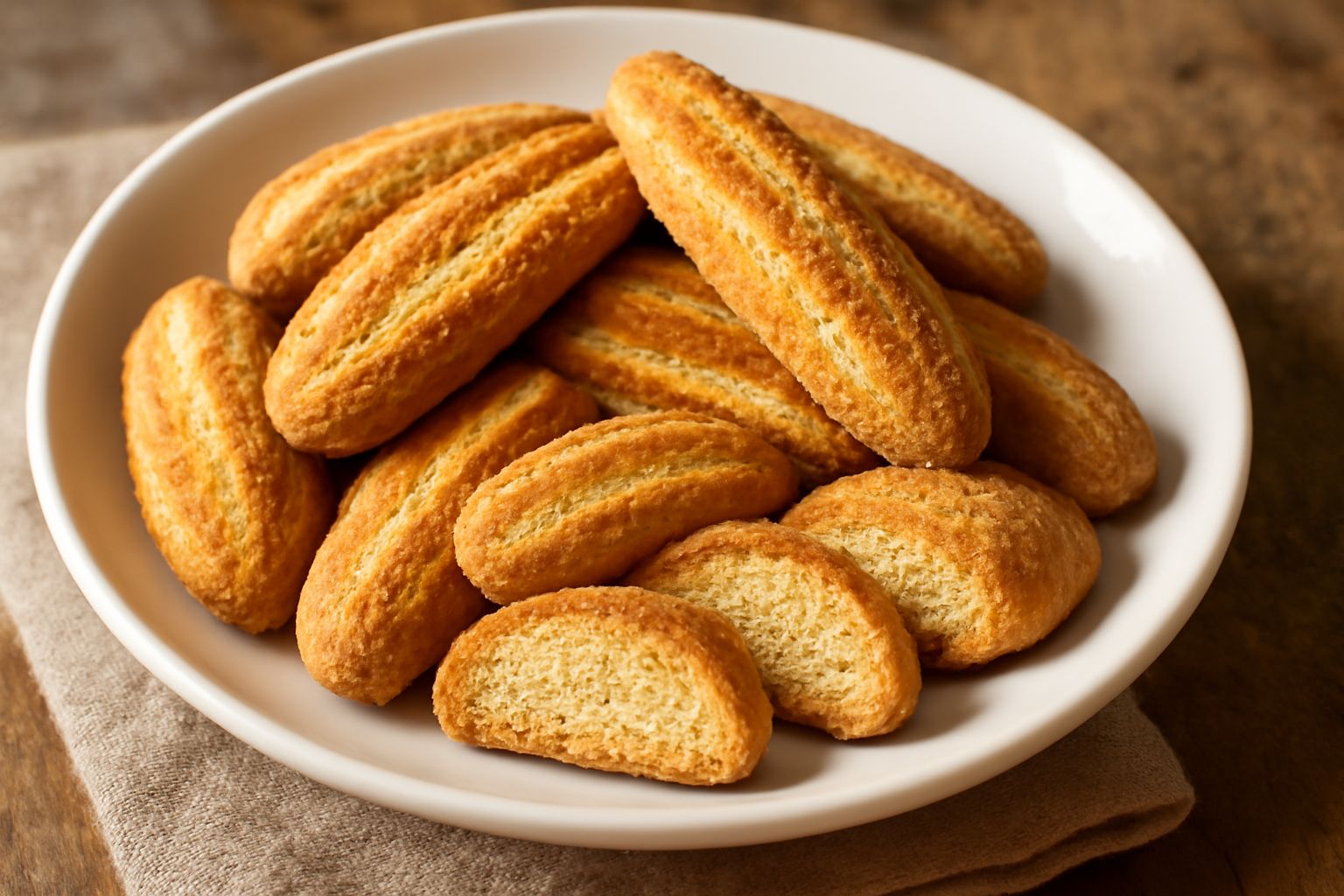 Friselline dolci bicolori, dorate e croccanti, affettate e disposte su un piatto bianco con una tazza di caffè nero sullo sfondo