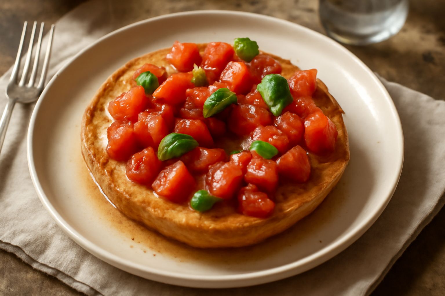 Frisella tostata dorata e croccante spezzata a metà su un piatto bianco, accanto a pomodori freschi e un bicchiere d'acqua, pronta per essere inzuppata