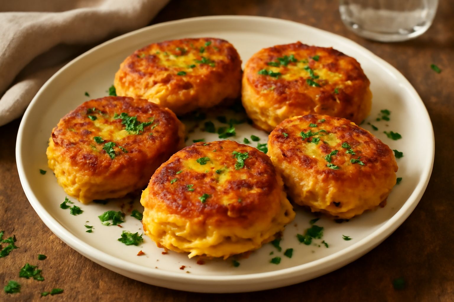 Fritatelle di pasta dorate e croccanti in un piatto bianco, guarnite con prezzemolo fresco, vapore che sale dalla superficie, bordo dorato intenso visibile