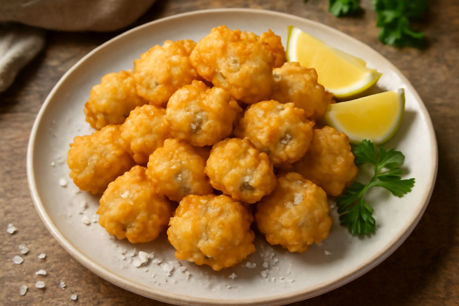 Fritelle di pesce dorate e croccanti impilate su carta assorbente bianca, con limone affettato accanto e una ciotola di salsa piccante di sfondo su tavolo di legno