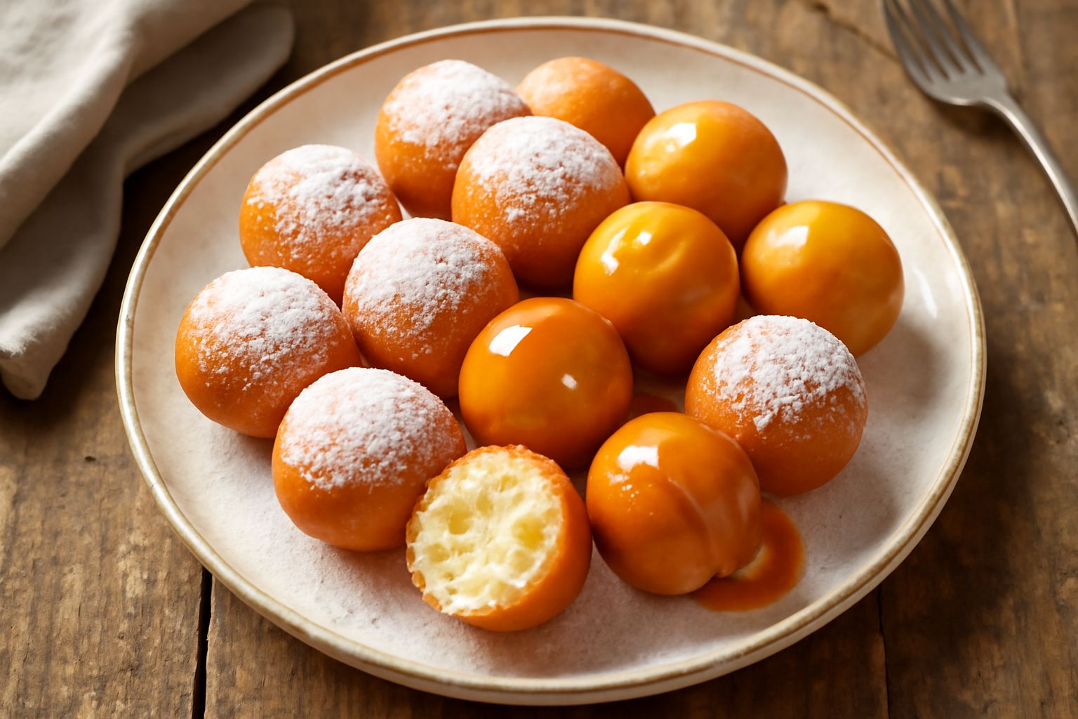 Fritelle di carnevale dorate e rotonde appoggiate su carta da forno, coperte di zucchero a velo bianco, alcune ripieno di crema, in primo piano su tavolo di marmo
