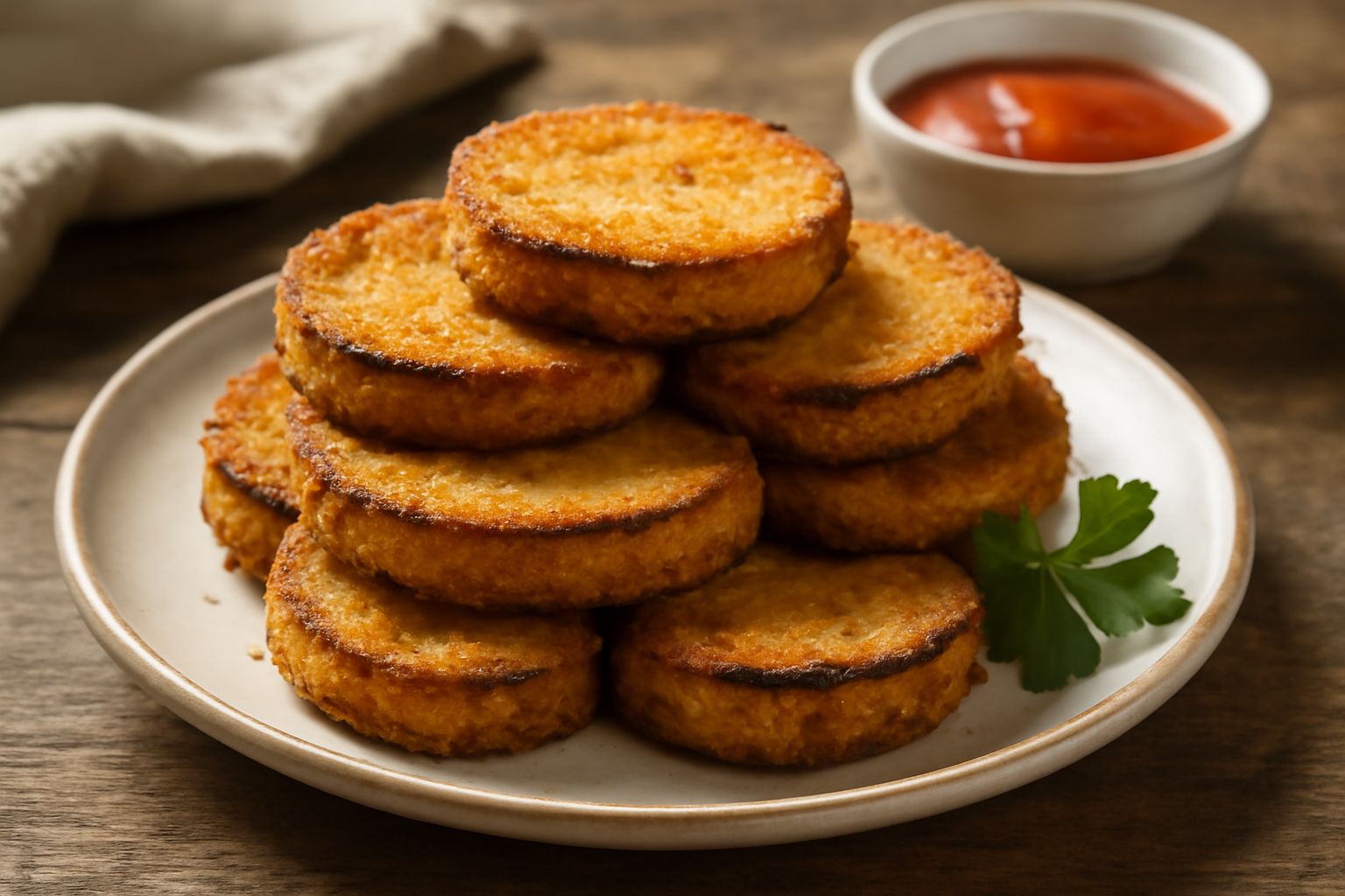 Fritelle di melanzane dorate e croccanti impilate su un piatto bianco, adagiate su carta da forno, con una ciotola di salsa bianca di accompagnamento