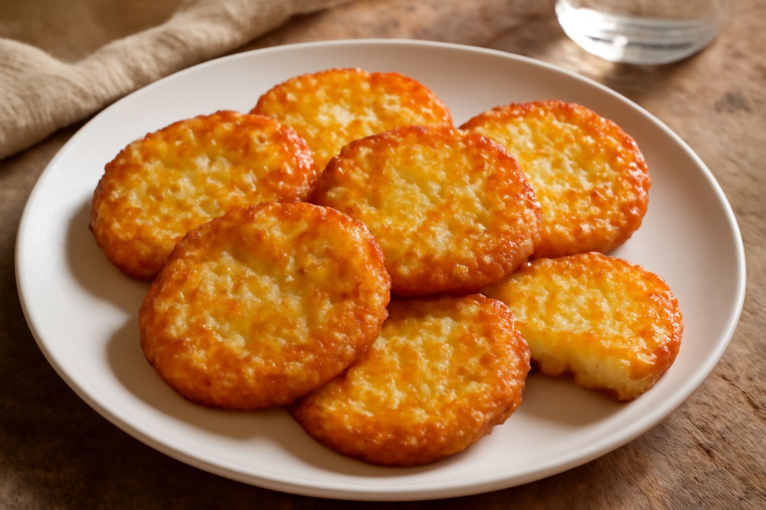 Fritelle di patata dorate impilate su un piatto bianco, con superficie croccante dorata e irregolare, vapore leggero visibile, contorno di pomodori ciliegini rossi e prezzemolo fresco