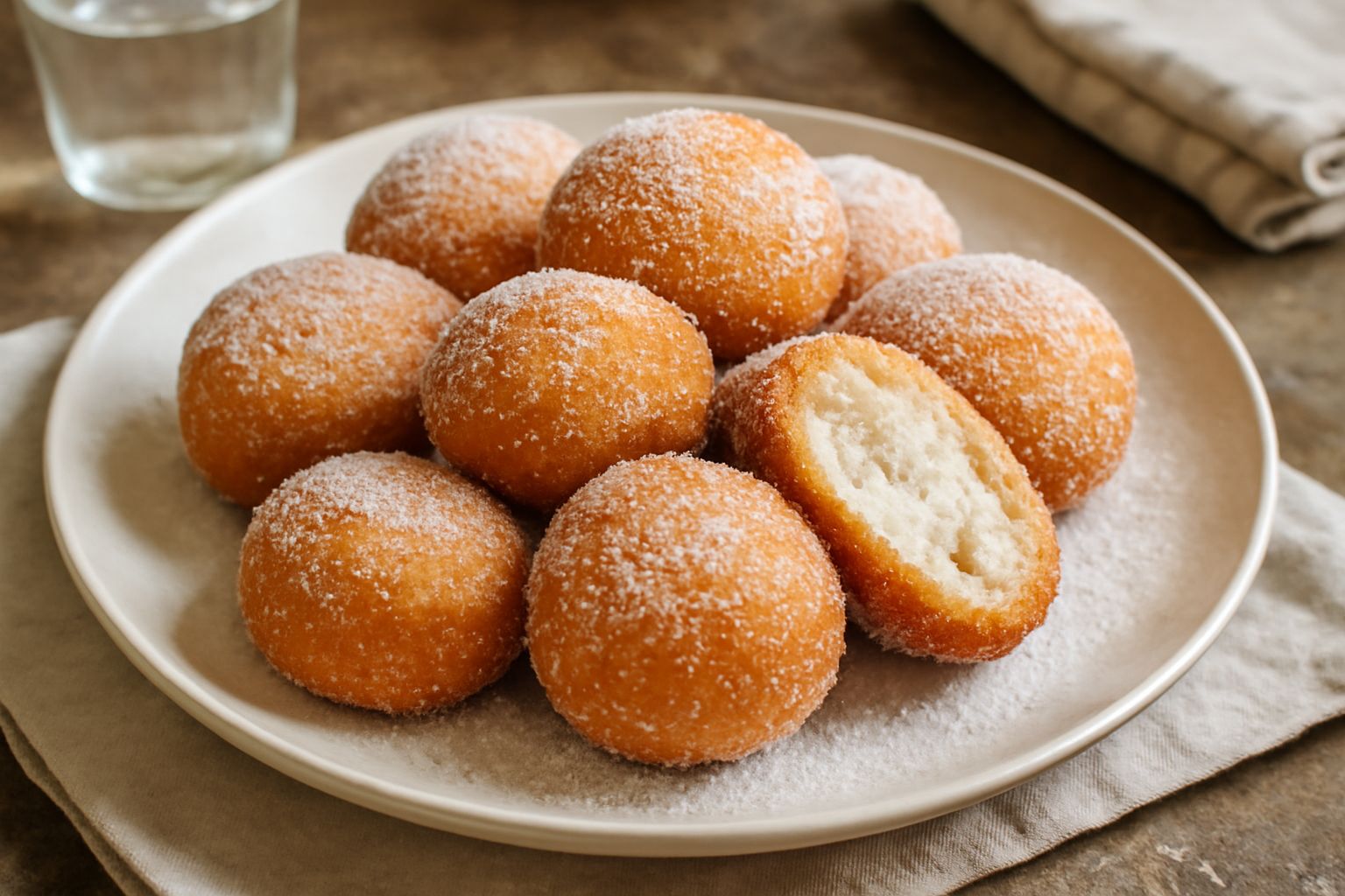 Fritelle di ricotta dorate e piene impilate su un piatto bianco, cosparse di zucchero semolato, con sfondo chiaro e naturale