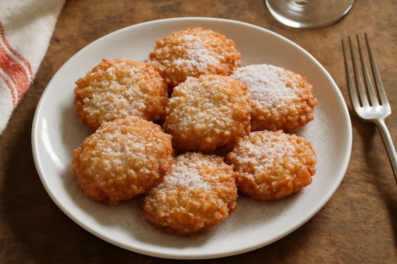 Fritelle di riso dorate e croccanti impilate su un piatto bianco, con sfumature gialle e marroni, leggermente cosparse di zucchero granulato, su tavolo in legno naturale