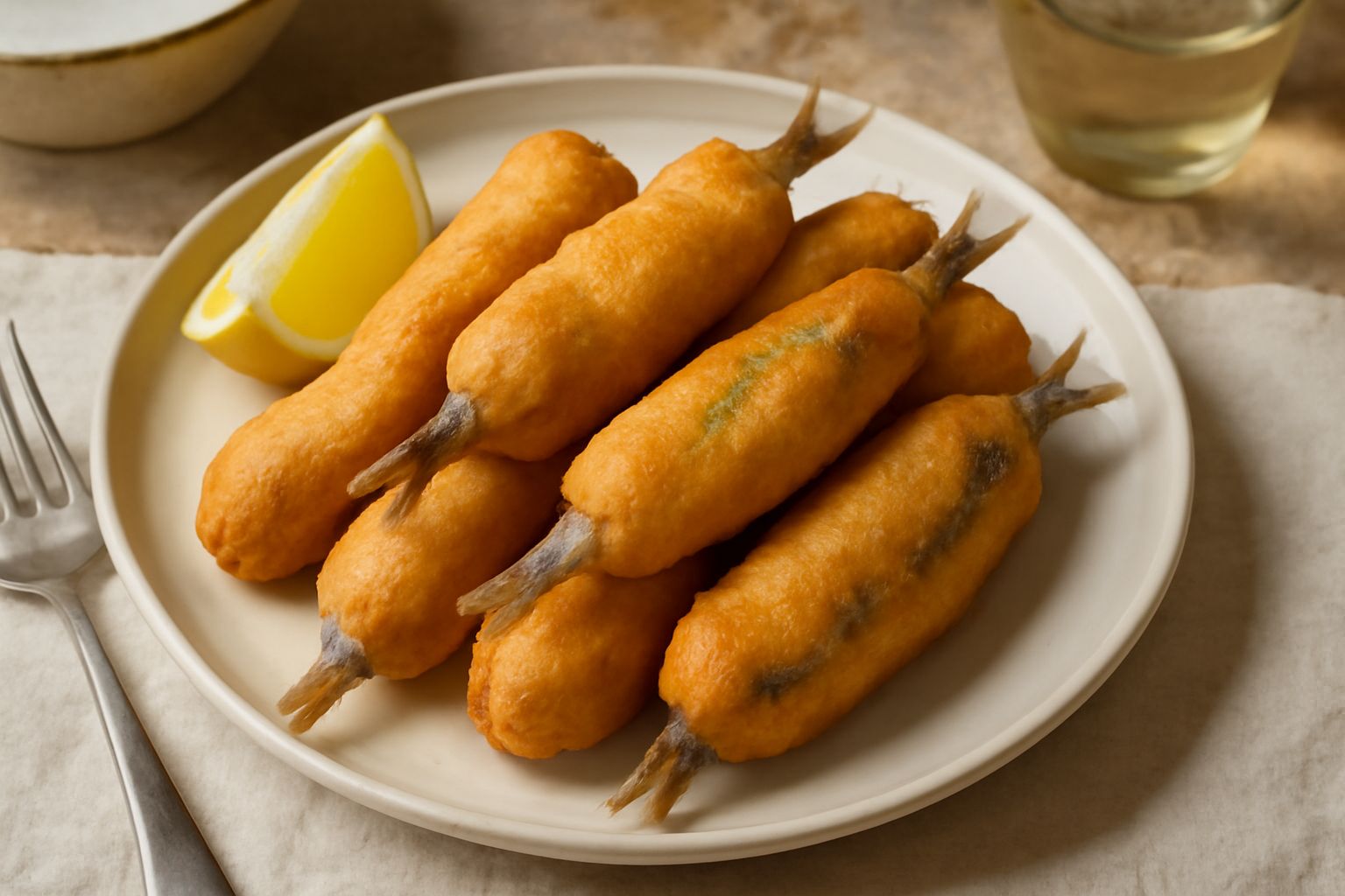 Fritelle di sarde dorate e croccanti disposte su un piatto bianco, guarnite con limone fresco a spicchi e prezzemolo tritato, olio che scintilla sulla superficie