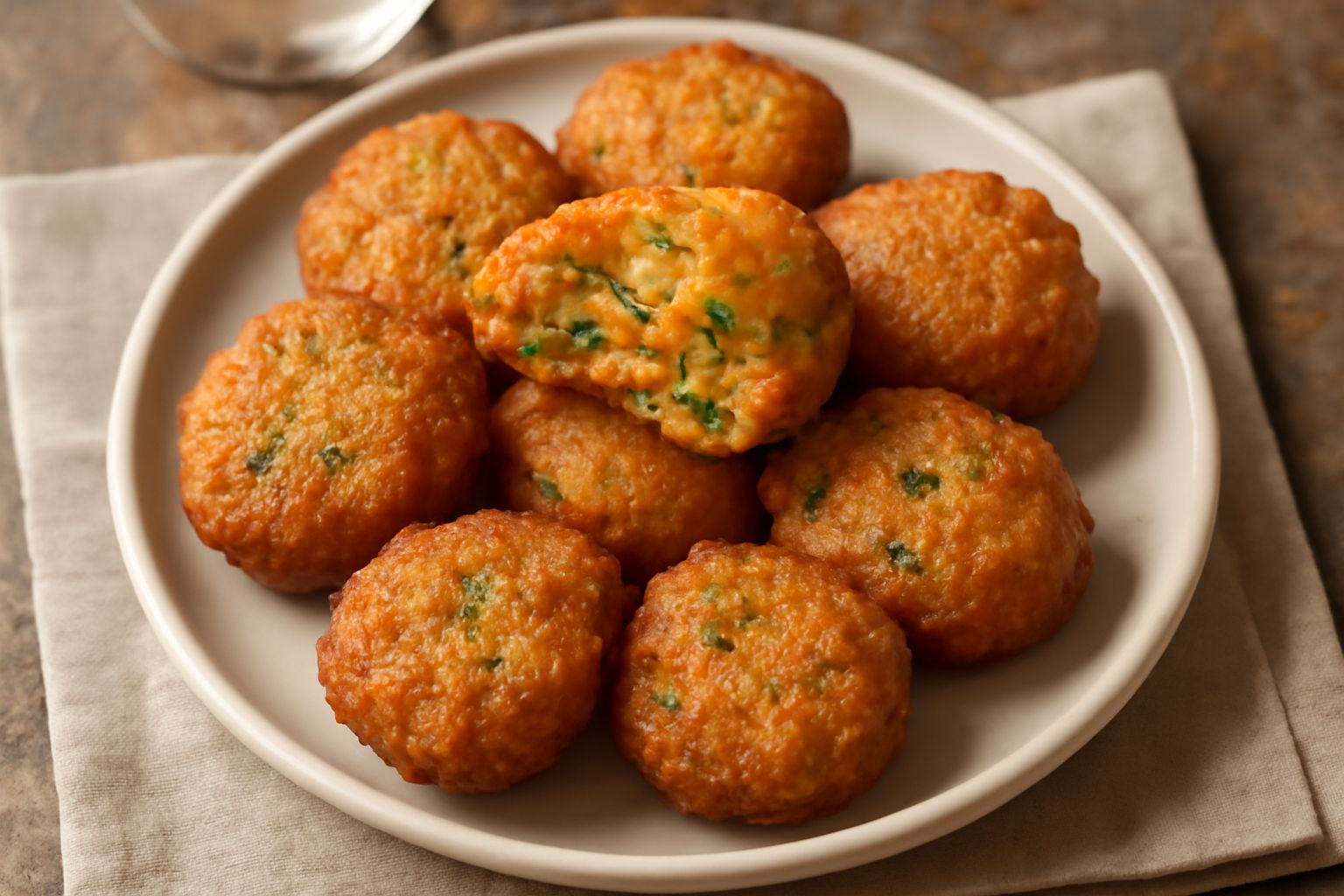 Fritelle di verdura dorate e croccanti impilate su un piatto bianco, con zucchine, carote e melanzane visibili nell'impasto, circondate da una salsa bianca