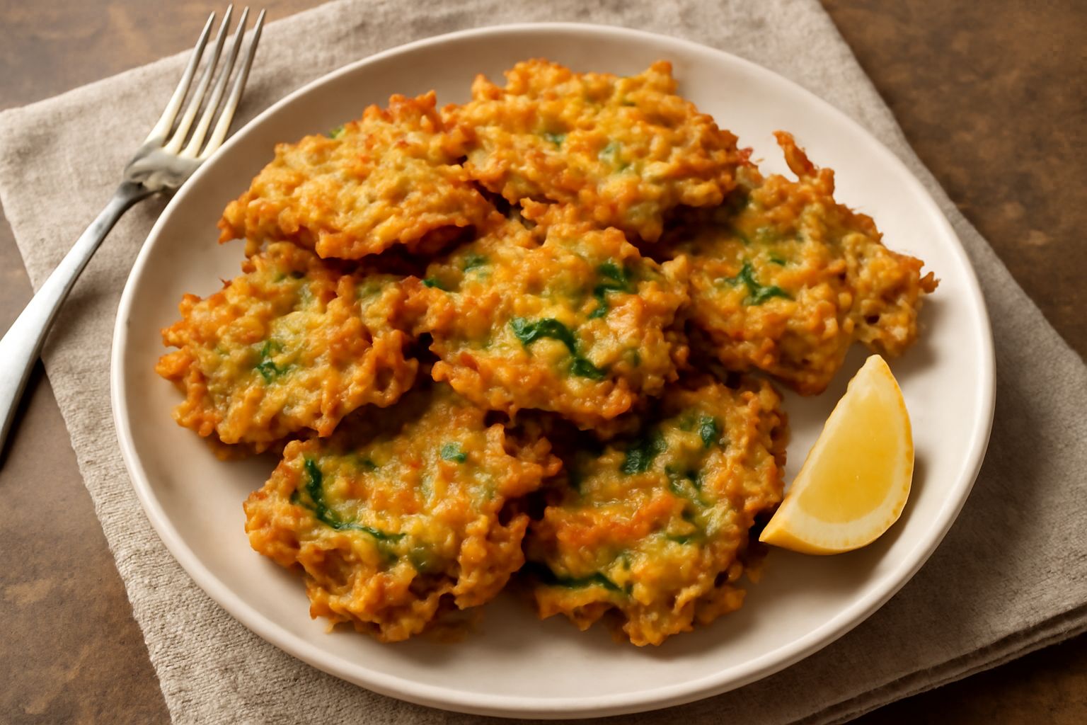 Fritelle di verdure dorate e croccanti in un piatto bianco, guarnite con fette di limone giallo e un ramo di prezzemolo fresco, olio in gocce sullo sfondo