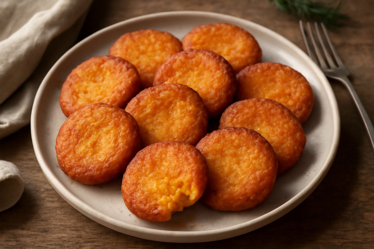 Fritelle di zucca dorate e croccanti impilate su un piatto bianco, cosparse di zucchero semolato, con uno spicchio di zucca fresco accanto