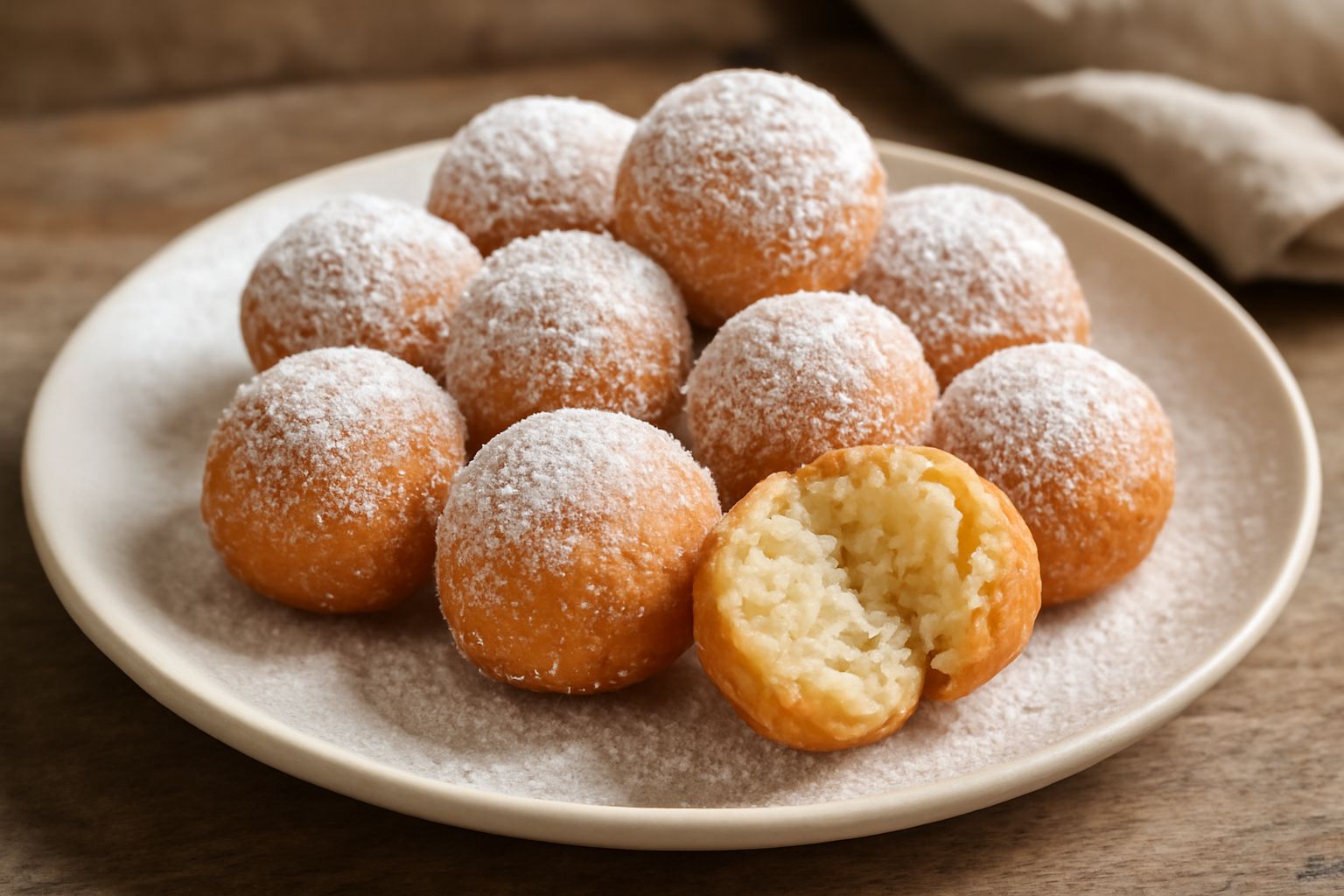 Fritelle dolci dorate a forma di pallina, coperte di zucchero a velo, appoggiate su un piatto di ceramica bianca, una tazza di caffè sfocata sullo sfondo