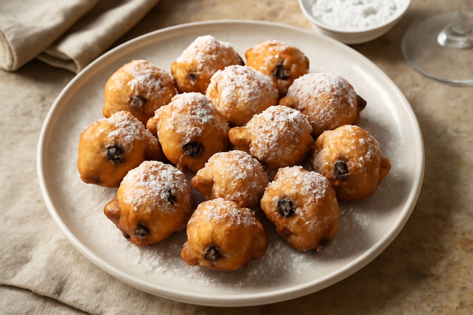 Fritelle d'uva dorate e croccanti su un piatto bianco, cosparse di zucchero a velo, con acini d'uva o uvetta visibili all'interno, accanto a una tazza di caffè