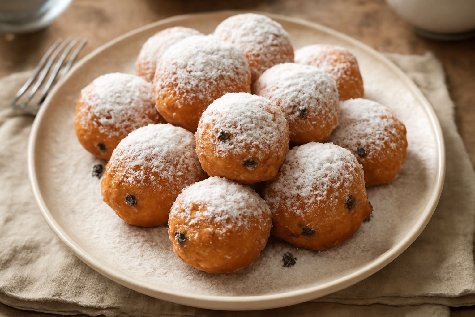 Fritelle venete dorate e croccanti ammassate in un piatto bianco, cosparse di zucchero a velo, con uvetta visibile e olio ancora lucido sulla superficie