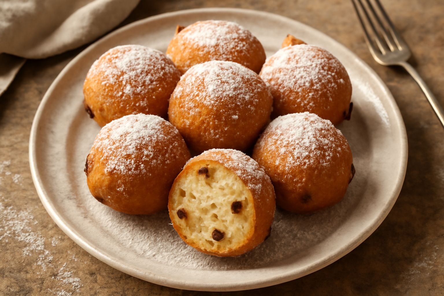 Fritelle veneziane dorate e rotonde cosparse di zucchero a velo, su piatto bianco, con uvetta visibile nella pasta
