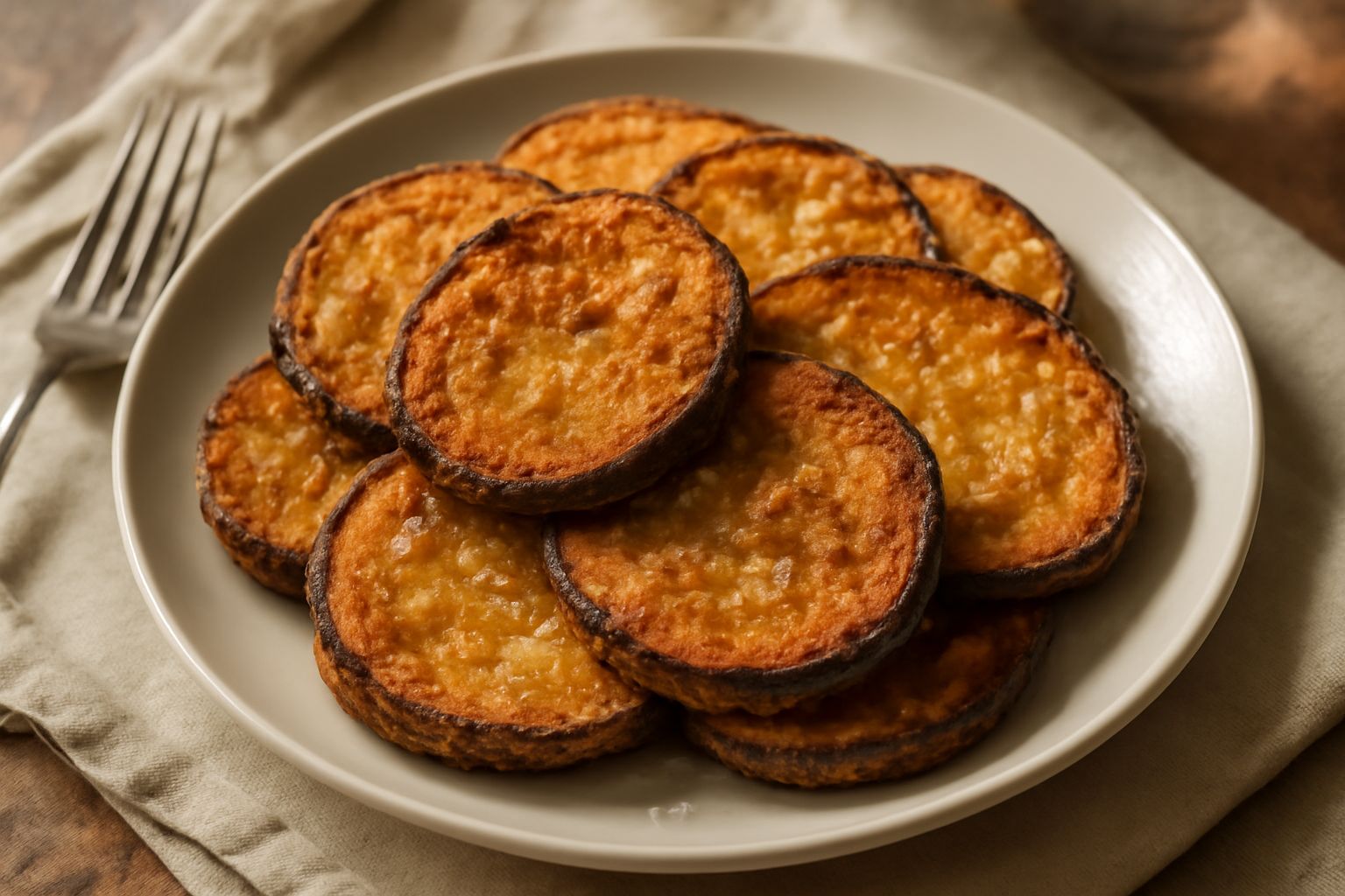 Fette di melanzana fritte dorate e croccanti, impilate su un piatto bianco, cosparse di sale grosso, ancora fumanti, con piccole gocce d'olio lucido sulla superficie