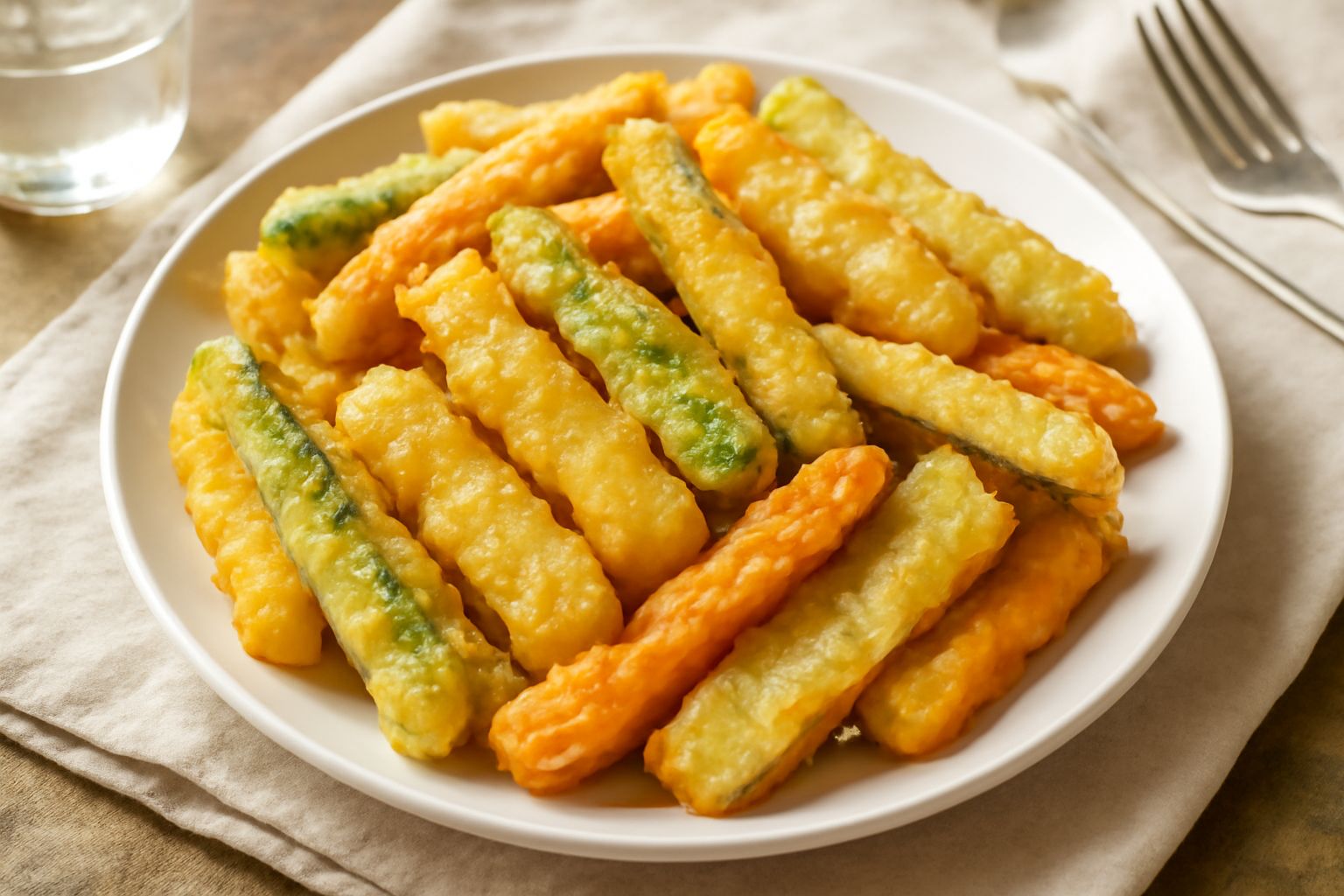 Piatto di ceramica bianca con fritta di verdure dorata e croccante: bastoncini di zucchina, melanzana, peperone e patata disposti in mucchio, spolverati di sale grosso, vapore leggero ancora visibile.