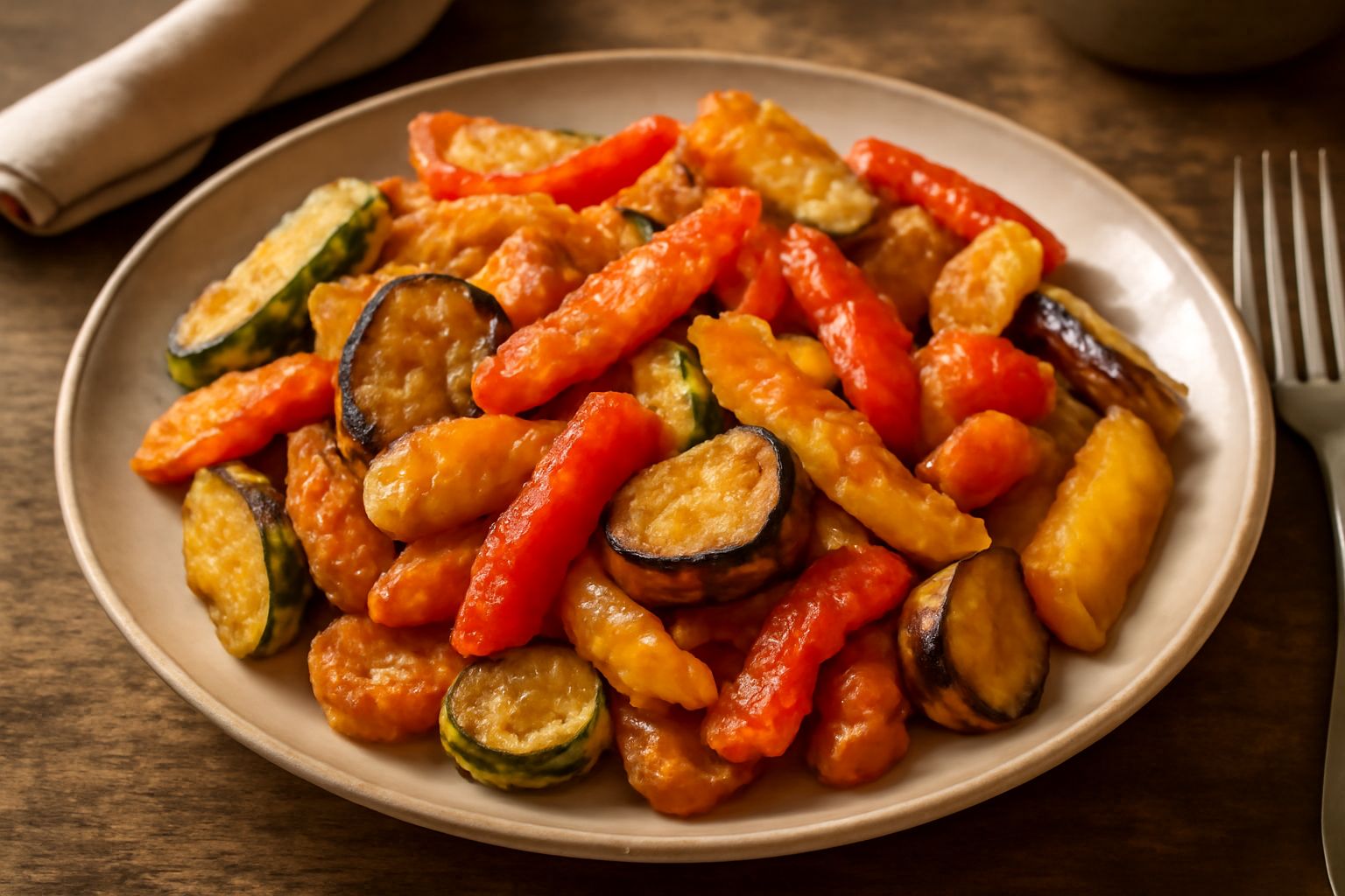 Fritta di verdure in piatto bianco: bastoncini dorati e croccanti di zucchina, melanzana e carota, con gocce d'olio lucenti e erba cipollina sparsa in superficie