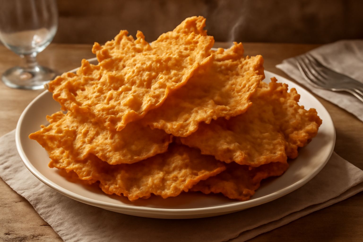 Frittas de pani dorate e croccanti ammucchiate su un piatto bianco, cosparse di zucchero fine, con un bicchiere di miele di lato e sfondo sfocato di una cucina rustica