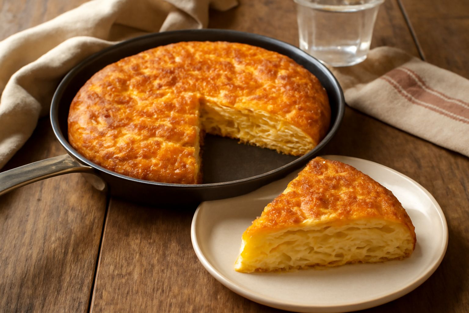 Frittata dorata e gonfia servita nel tegame, con pasta visibile all'interno, guarnita da fette di formaggio fuso e prezzemolo fresco, tagliata in spicchi