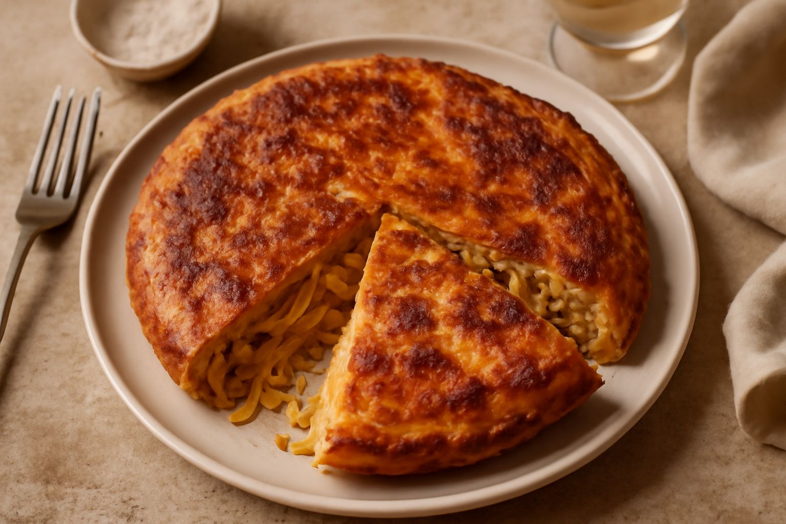 Frittata tonda dorata in padella, tagliata a spicchi, con pasta visibile all'interno, formaggio fuso leggermente scuro, contorno di pane tostato