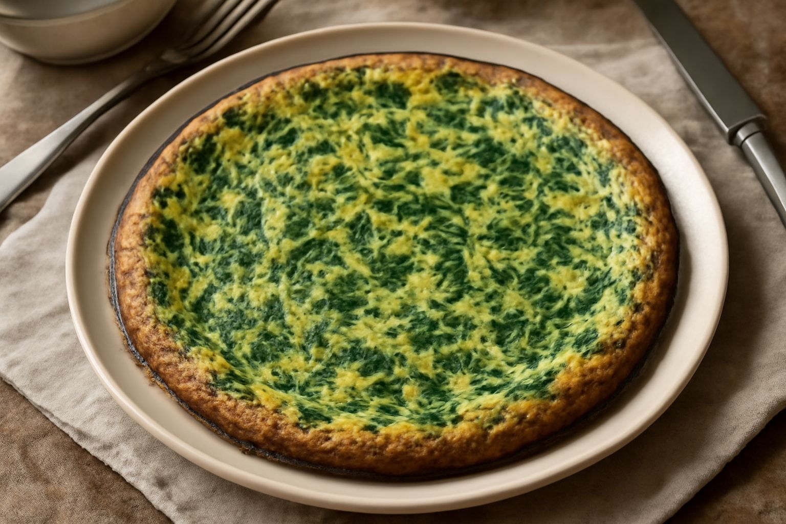 Frittata dorata con erbe verdi visibili al suo interno, tagliata a spicchi su un piatto bianco, contornata da foglie fresche di malva e tarassaco, condita con olio verde oliva