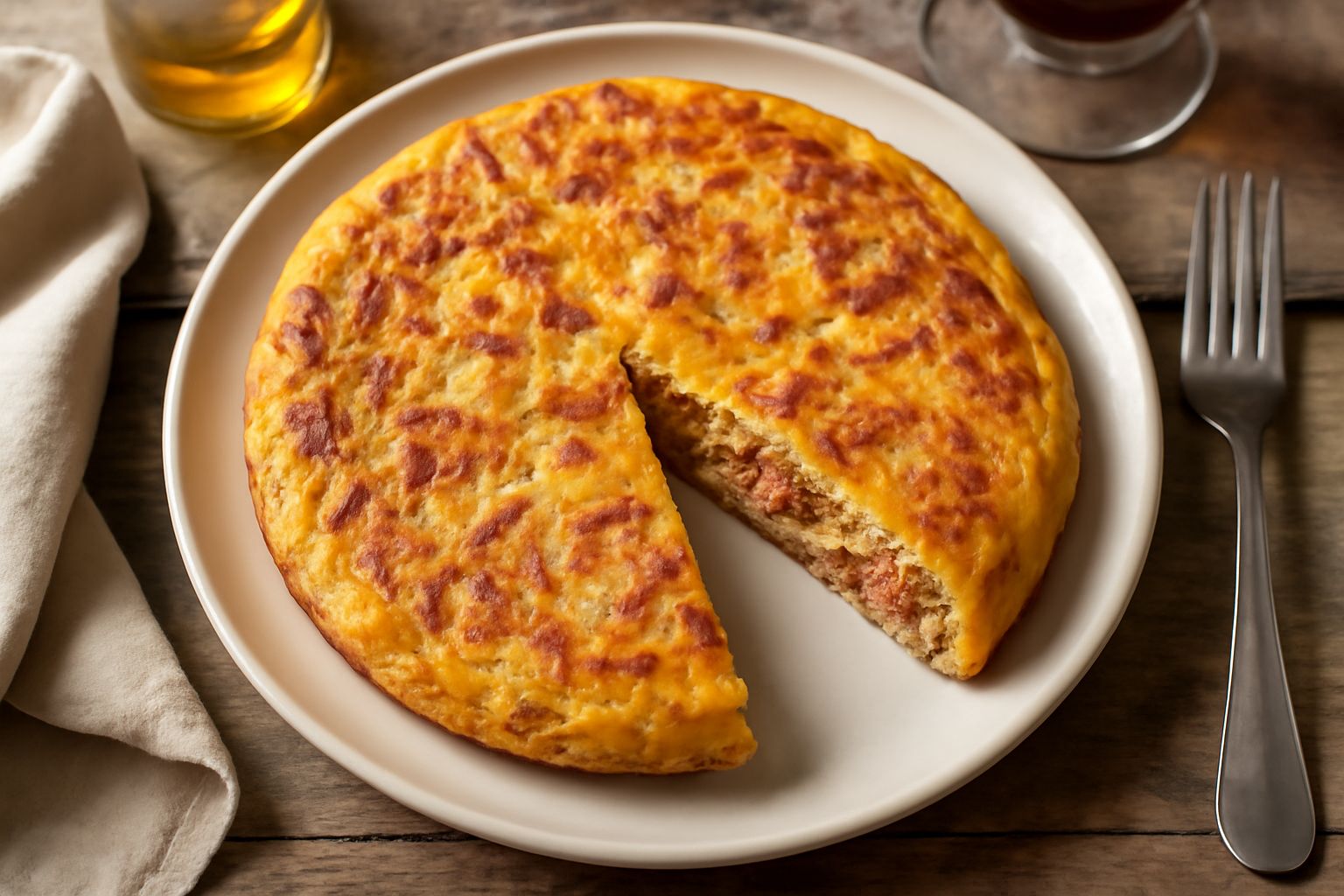 Frittata dorata e gonfia in padella antiaderente, con strisce visibili di carne macinata e prosciutto, bordi lievemente croccanti, servita intera e intagliata a spicchi su un piatto bianco.