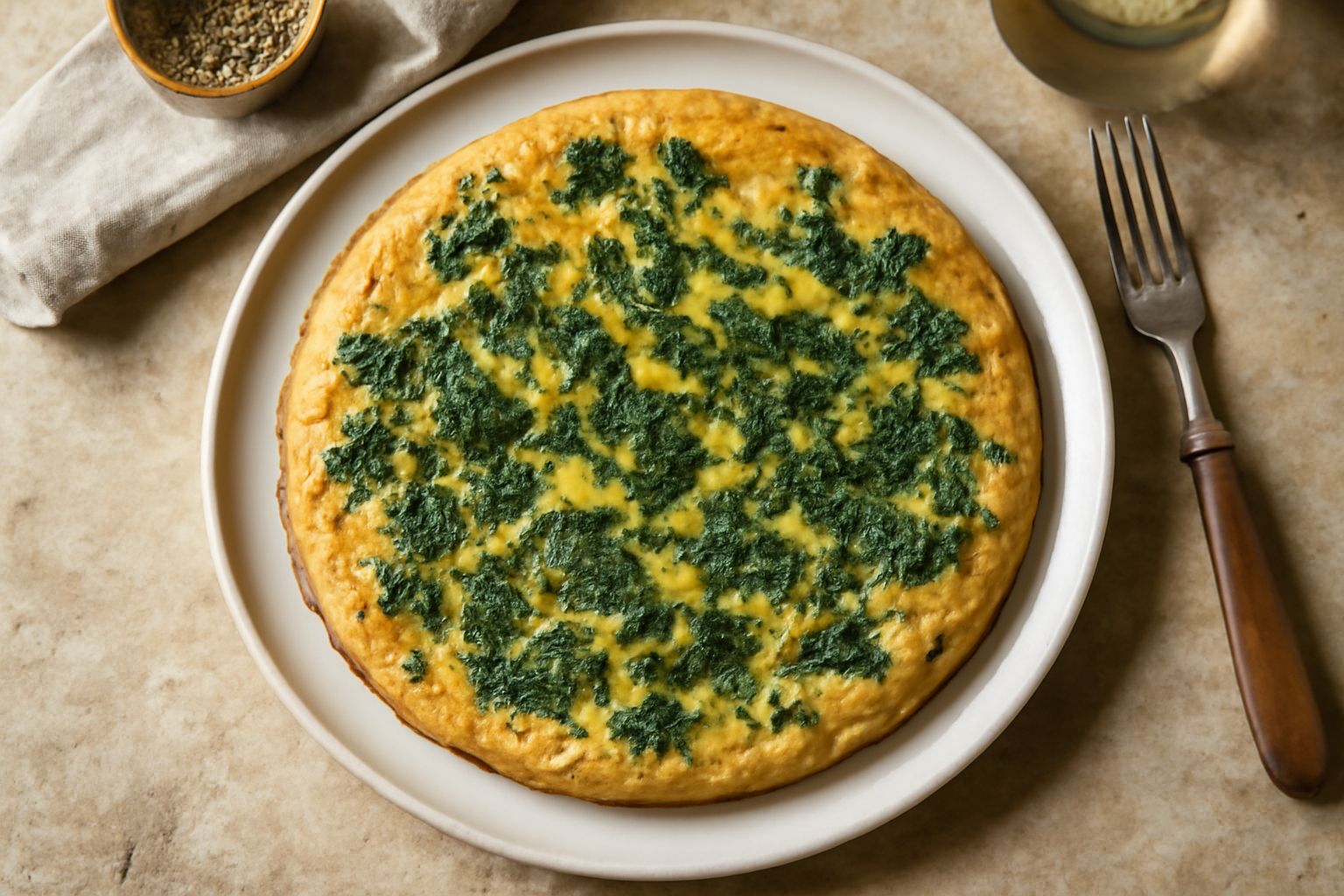 Frittata dorata con bordi leggermente croccanti, generosamente sparsa di erbe verde scuro, formaggio giallo burro, servita in piatto bianco con fette di pane tostato accanto