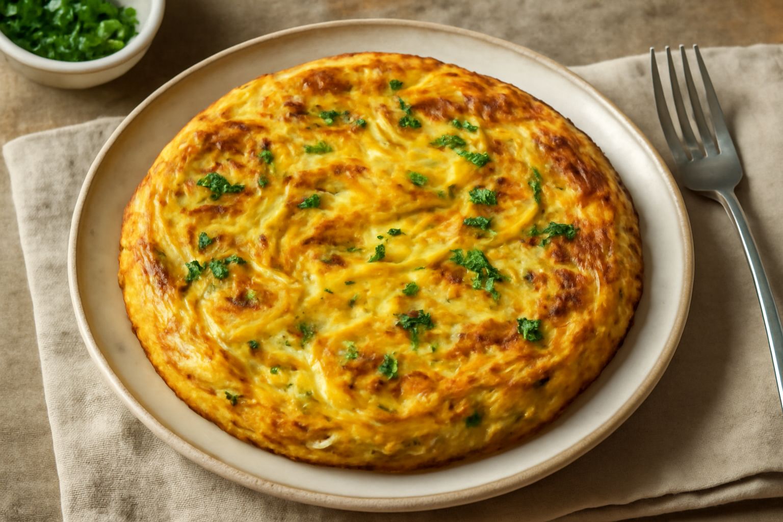 Frittata a fette con pasta al forno, colore dorato, superficie leggermente gonfia, ripiena di spaghetti e formaggio visibile, servita su piatto bianco con contorno di verdure grigliate