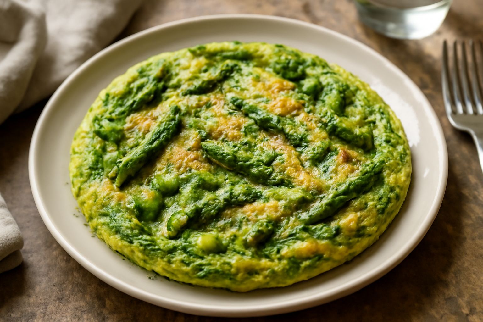 Frittata di asparagi dorata in padella antiaderente, con asparagi verdi visibili sulla superficie, guarnita con parmigiano grattugiato e basilico fresco, servita su piatto bianco