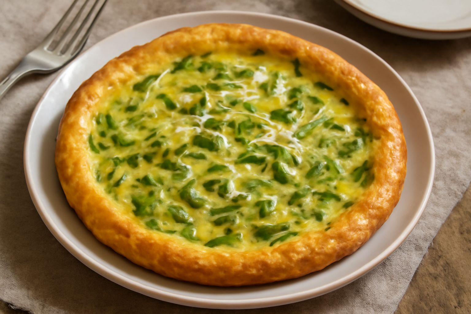 Frittata dorata e gonfia servita nel piatto bianco, asparagi selvatici verdi e teneri visibili all'interno, condita con pecorino grattugiato bianco e olio d'oliva, sfondo rustico