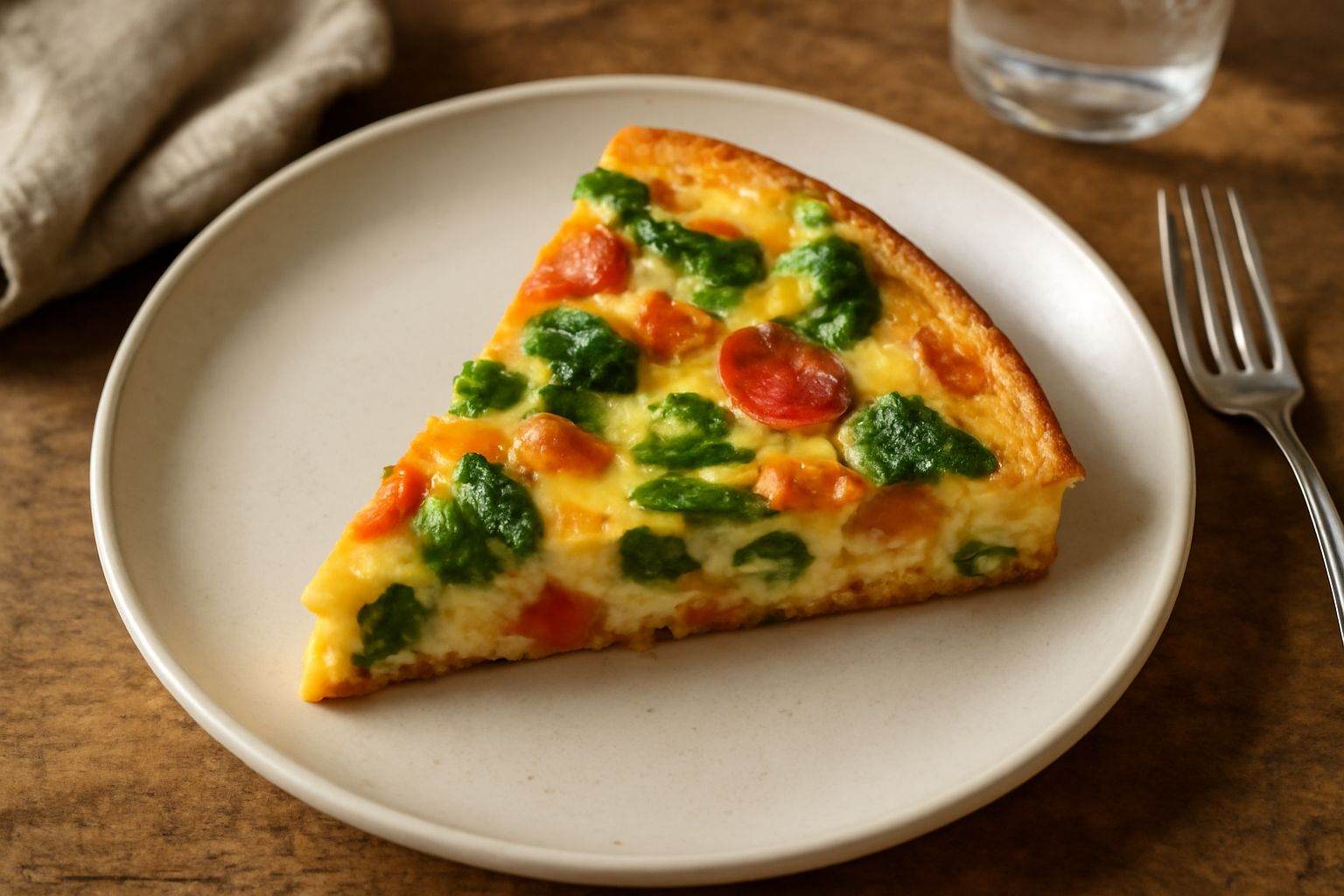 Frittata dorata e gonfia tagliata a spicchi in un piatto bianco, con verdure miste visibili, accompagnata da un'insalata verde fresca