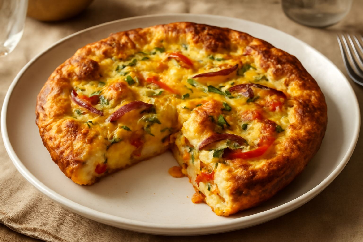 Una frittata dorata e gonfia nel piatto bianco, con aloni croccanti ai bordi, fetta di pane tostato accanto, verdure verdi e gialle visibili all'interno, foglia di prezzemolo fresco come guarnizione