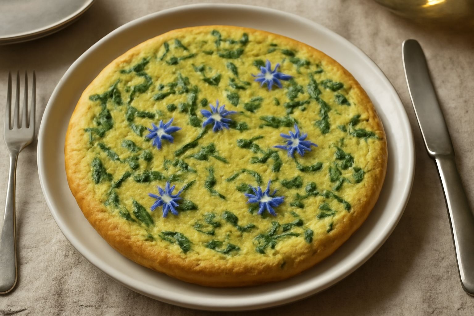 Frittata di borragine dorata e gonfia nel piatto bianco, con i fiori azzurri della borragine ancora visibili sulla superficie, guarnita con sale marino e prezzemolo fresco, bordi leggermente caramella