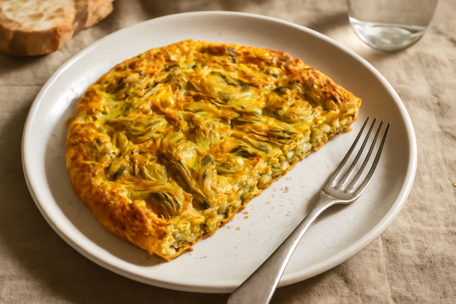 Frittata di carciofi dorata in padella antiaderente, ripiena di fette di carciofi teneri e bordi leggermente croccanti, con uova dorate visibili in trasparenza