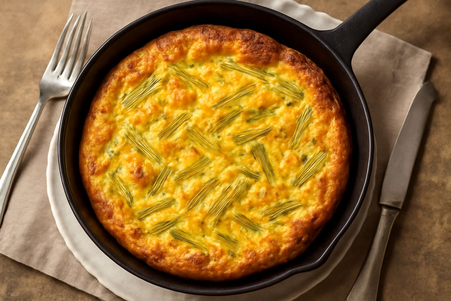 Frittata di cardi dorata servita nel tegame di ferro, con la superficie leggermente gonfia e i bordi croccanti, cardi verdi visibili all'interno, spruzzata di prezzemolo fresco tritato