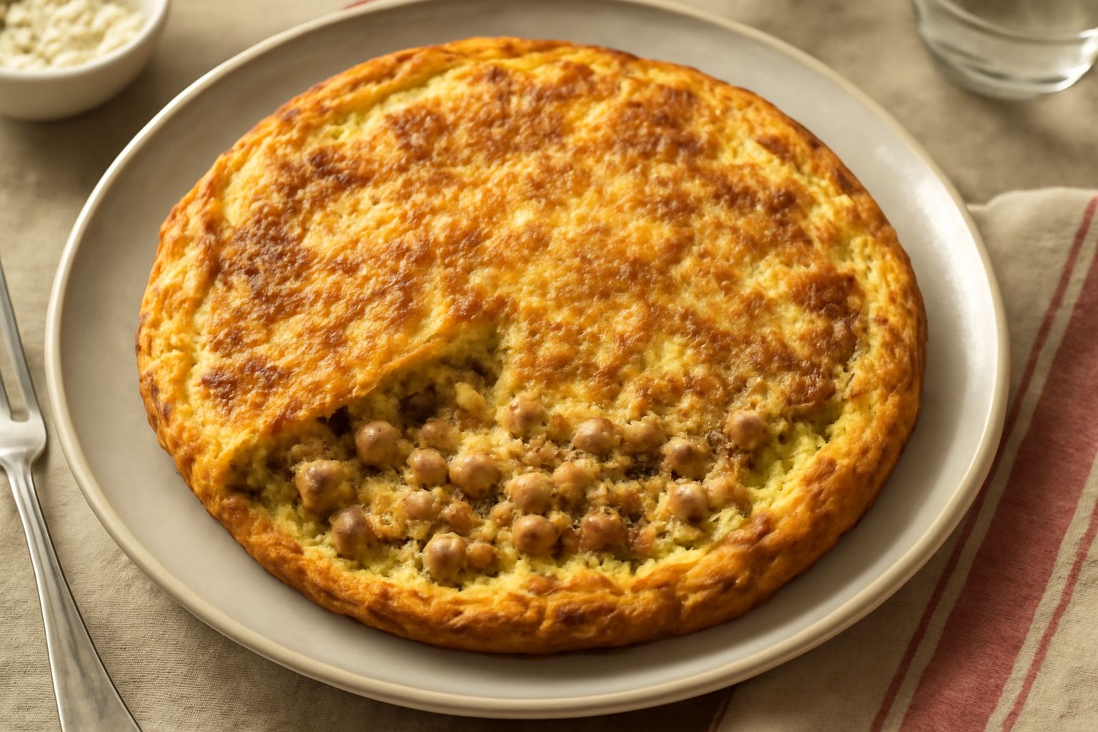 Frittata di carne dorata e gonfia in padella, tagliata a spicchi, circondata da spezie e ingredienti sparsi: carne macinata, uova, cipolla e prezzemolo fresco