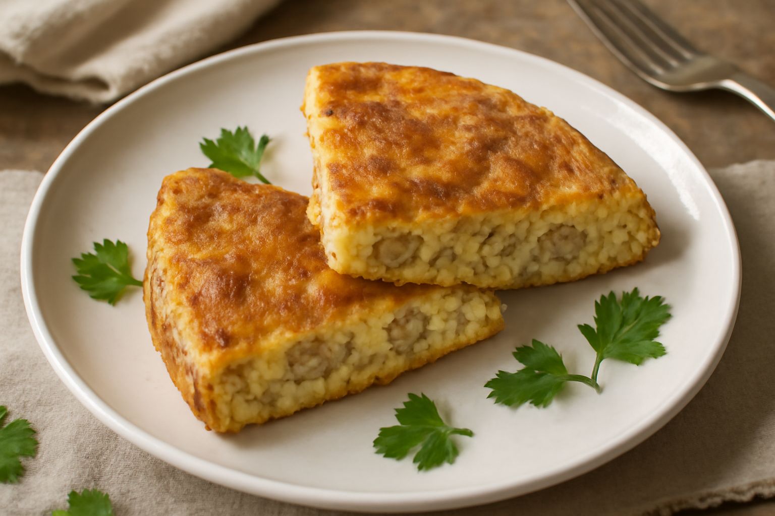 Frittata di cervella dorata, tagliata a spicchi, disposta su un piatto bianco con bordo a rilievo, decorata con prezzemolo fresco verde, sfondo neutro