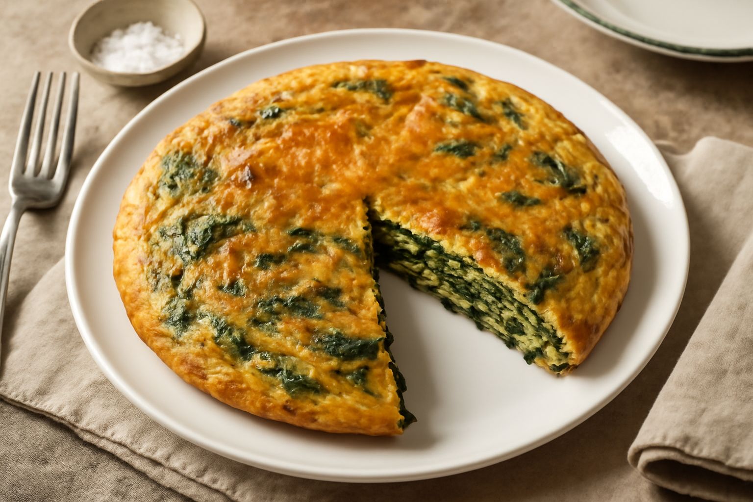Frittata di cicoria dorata e rotonda in una padella di ferro, con cicoria verde scuro visibile negli strati interni, servita tiepida su un piatto bianco, con fetta tagliata che mostra la struttura int