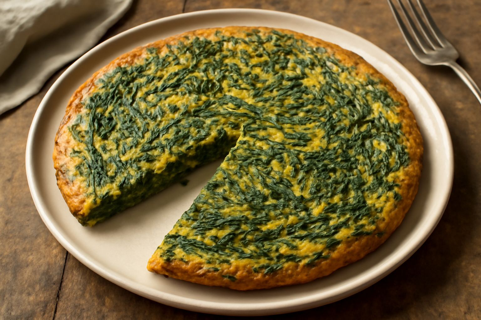 Frittata di cicoria selvatica nel piatto, superficie dorata e morbida con le verdurine verde scuro della cicoria visibili sulla parte superiore, guarnita con pepe nero macinato fresco, tagliata in una
