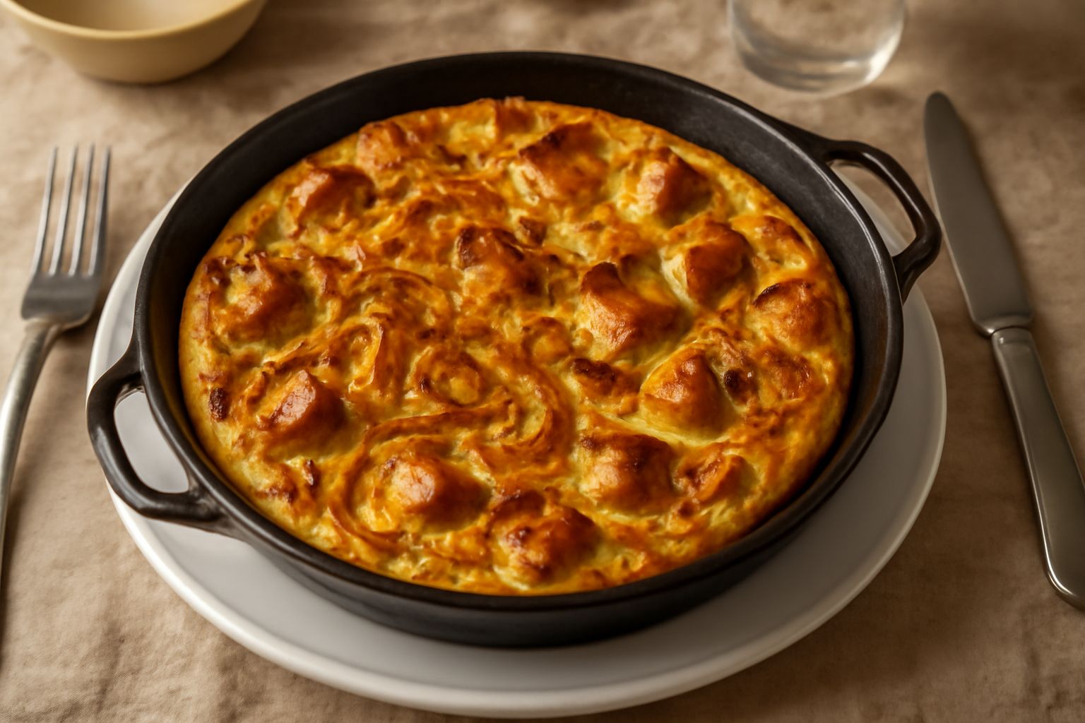 Frittata dorata e gonfia in padella di ferro, cipolle color oro e caramello visibili in superficie, pane tostato integrato, servita su piatto bianco con contorno di pomodori freschi