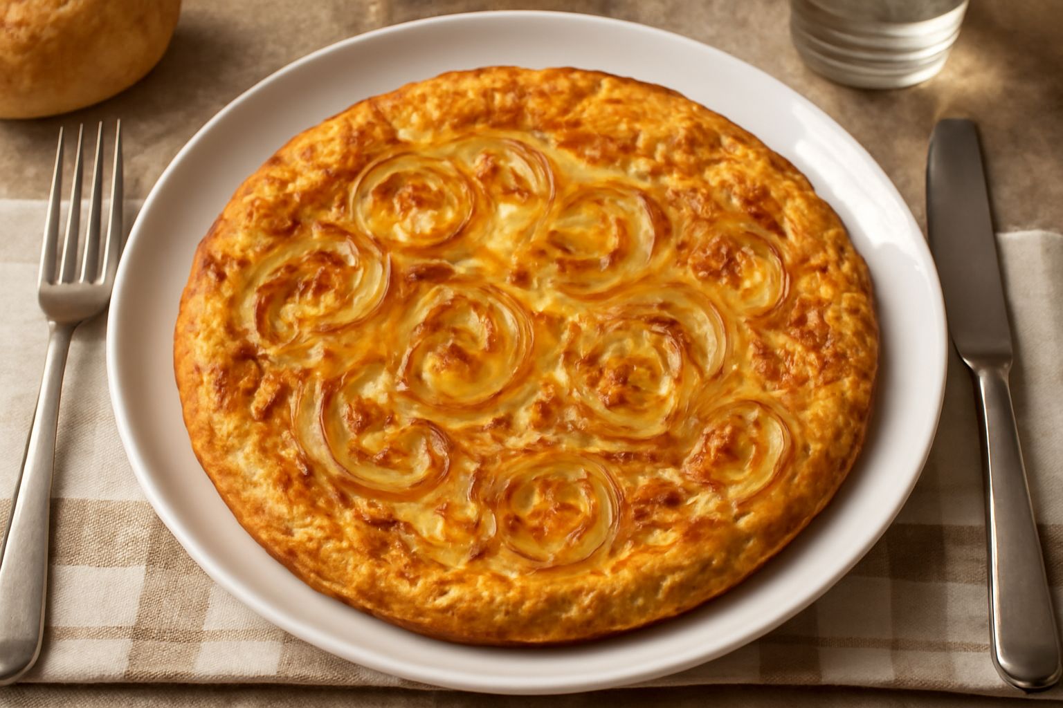 Frittata di cipolle dorate e gonfie in padella antiaderente, con cipolle caramellate visibili nella superficie, accanto a un piatto bianco