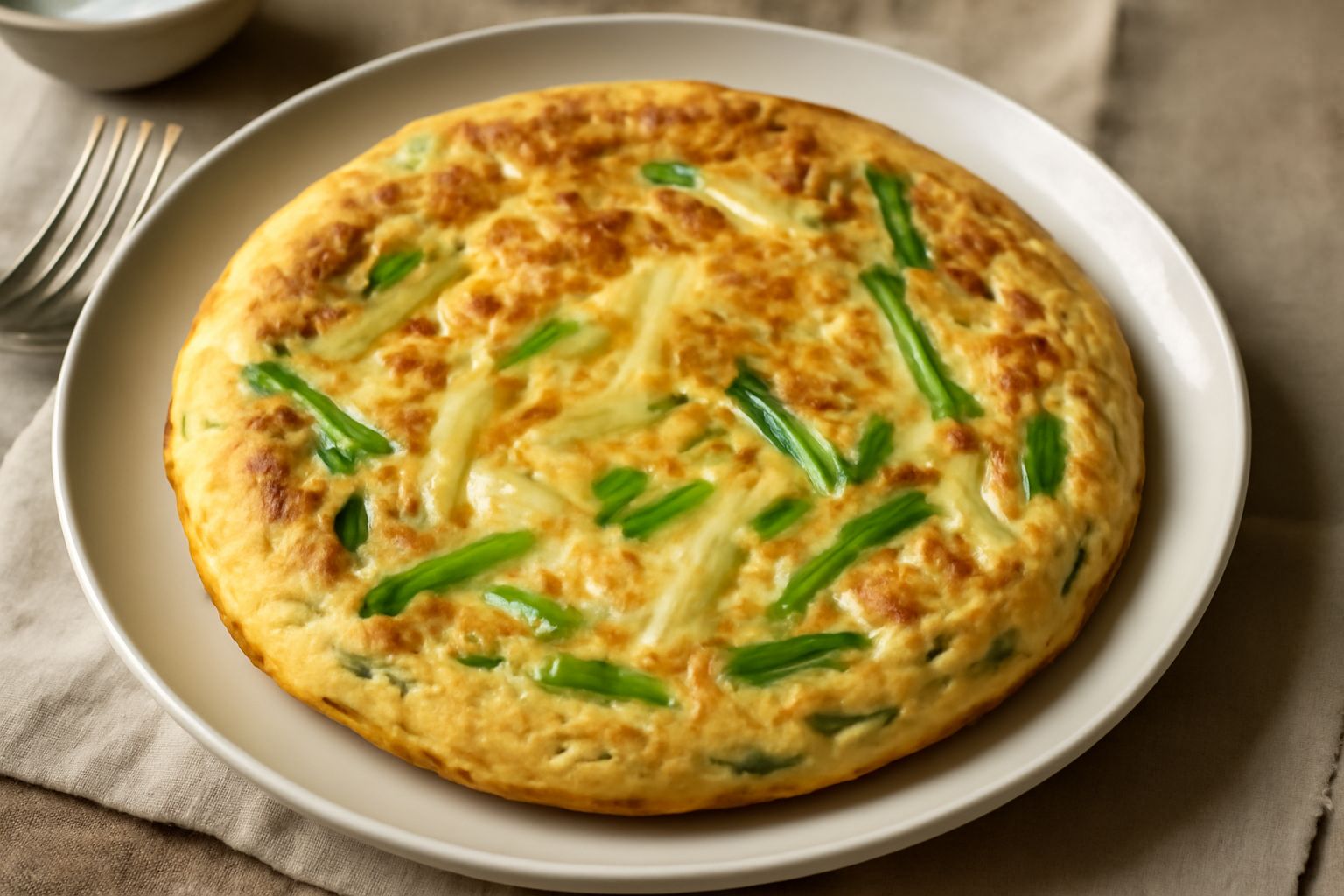 Frittata di cipollotti tagliata a spicchi, dorata in superficie, con strati di uova cremosi e cipollotti bianchi e verdi visibili, servita in padella in ghisa nera su tavolo di legno chiaro.